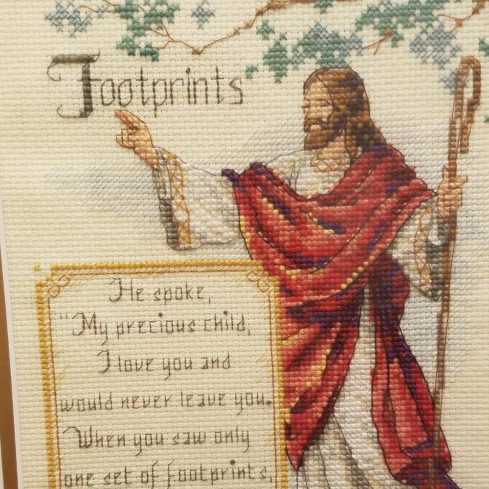 Handmade Framed Wall Art Hanging Cross Stitch Jesus - "Foot prints" - Picture 3 of 7